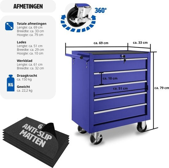 tectake - Werkzeugwagen mit 5 Schubladen - blau - 402798