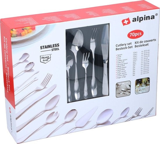 alpina Besteckset 12 Personen - 70 Teile - Löffel - Messer - Gabeln - Edelstahl - Silber