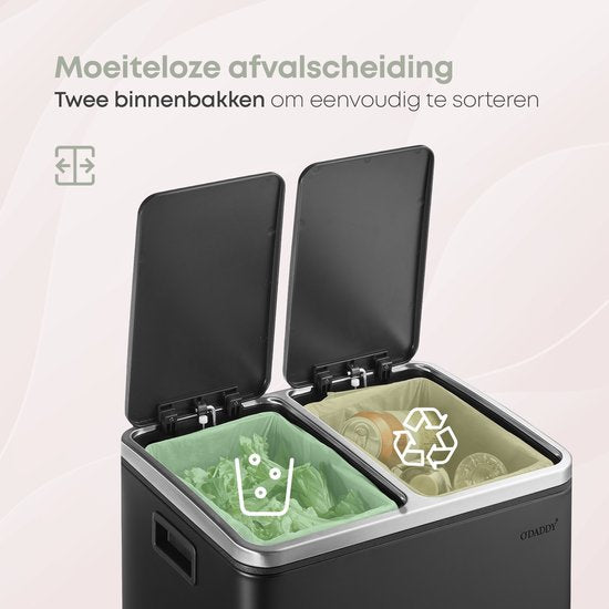 O'DADDY® Mülleimer Abfalltrennung - 30 Liter - Softclose-Doppelfächer - Mülleimer - Mülleimer - Treteimer - Mülleimer - Mülleimer 2x 15L Fassungsvermögen - inkl. Müllbeutel - Kompaktes Design - Metall - Schwarz