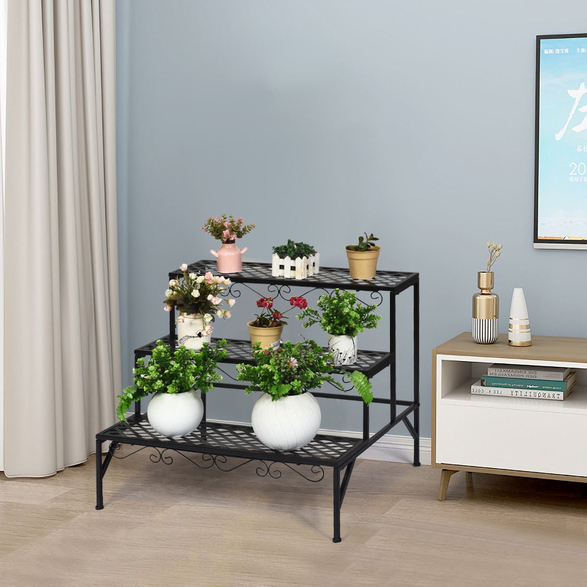 Coast Pflanzenregal mit drei Ebenen – Blumenständer aus Metall – Freistehende Pflanzenleiter – Schwarz – 70 x 60 x 60,5 cm