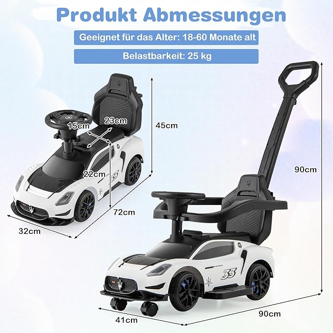 Coast Maserati Lauflernwagen Weiß - 3-in-1 Schiebe- und Lauflernwagen mit Musik und Aufbewahrung - 90 x 41 x 90 cm