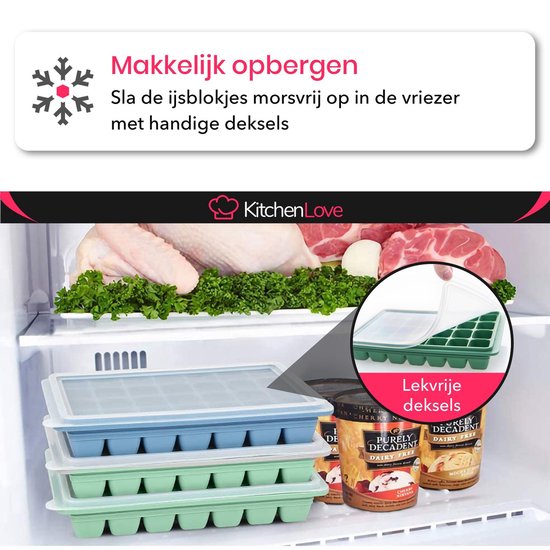 KitchenLove Silikon Eiswürfelform mit Deckel (2 Stück) - 56 Eiswürfel - Quadratisch - BPA frei - 100% Silikon - Grün & Blau