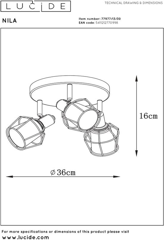 Lucide NILA – Deckenstrahler (Deckenleuchte) – Ø 36 cm – 3xE14 – Schwarz