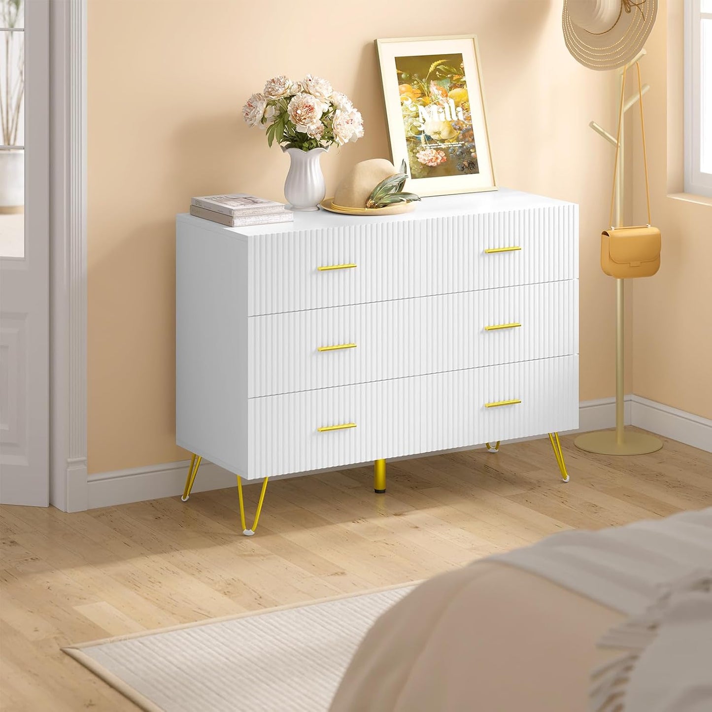 Woltu Kommode mit 6 Schubladen Weiß & Gold - Aufbewahrungsschrank für Schlafzimmer, Wohnzimmer oder Diele - 100 x 40 x 75 cm