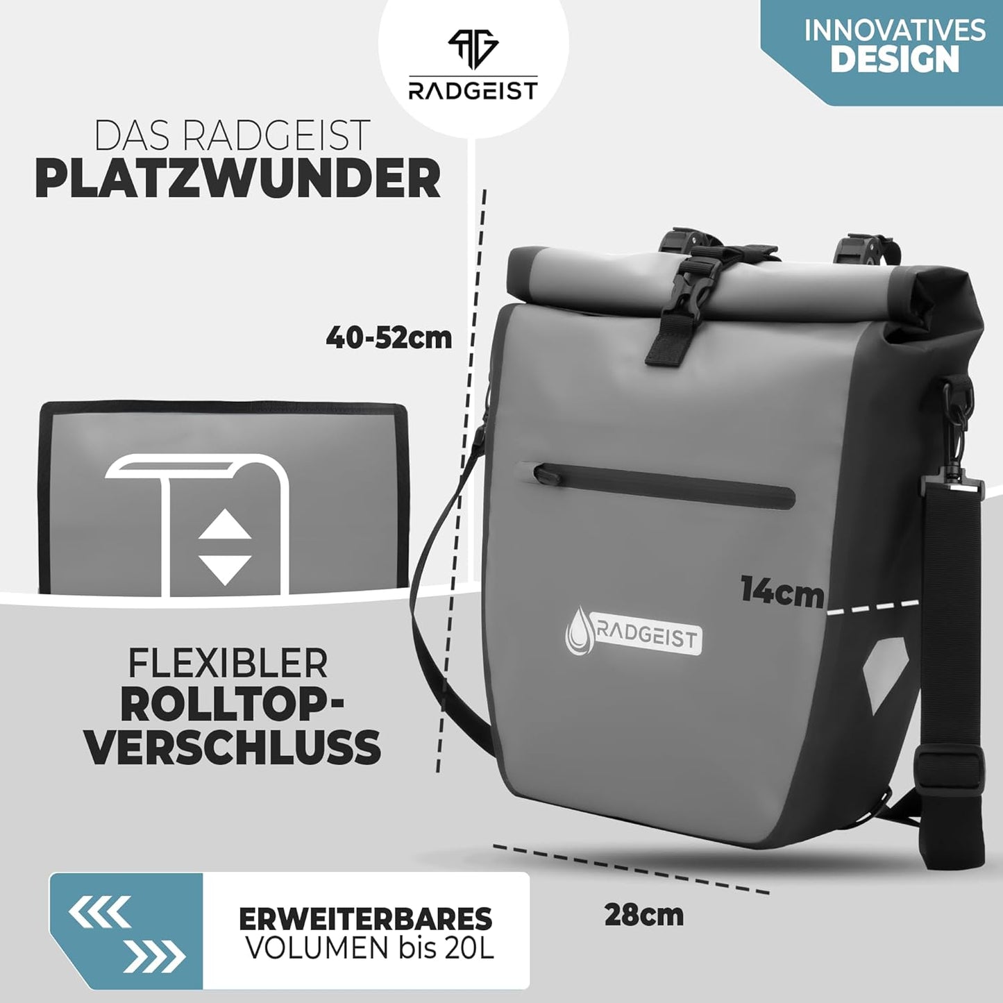 RADGEIST Fahrradtasche für Fahrradträger - Fahrradtasche für Fahrradträger - Fahrradtasche wasserdicht & Umhängetasche - Fahrradtasche mit Reflektoren