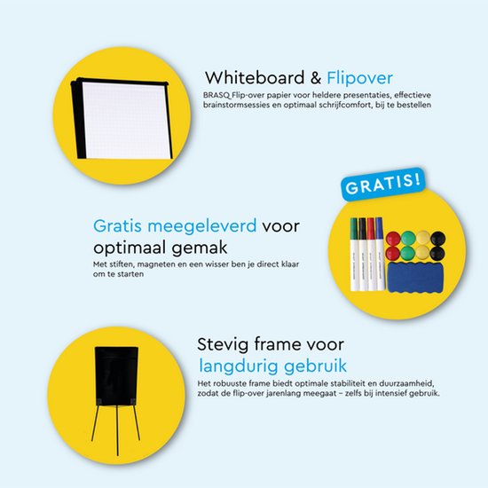 BRASQ Flipchart - 70x100 cm - Verstellbares Whiteboard - Inklusive 25 Blatt Papier, 4 Marker, 8 Magnete, Radiergummi - Magnettafel mit Haken - Magnettafel - Schwarz