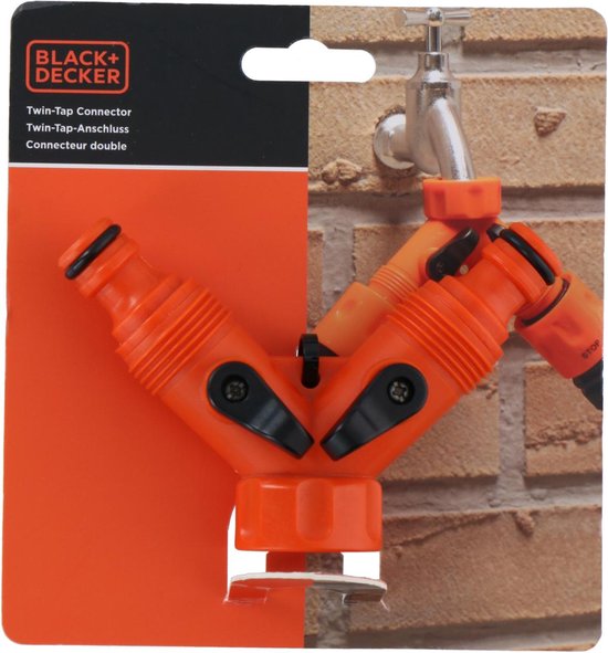 BLACK+DECKER Double Tap Fitting Gartenschlauch - Gartenschlauchkupplung - 3/4" Wasserhahnanschlüsse - Integrierter Wasserstopp - Regulierung des Wasserflusses - Kunststoff - Orange/Schwarz