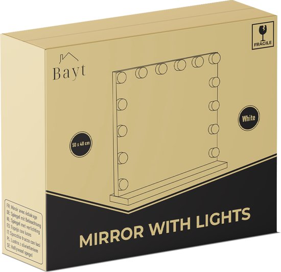 Bayt Hollywood Spiegel mit Beleuchtung - Make-up Spiegel mit Beleuchtung - Spiegel mit Beleuchtung - dimmbar - 10x Vergrößerung - 50x40cm - Weiß