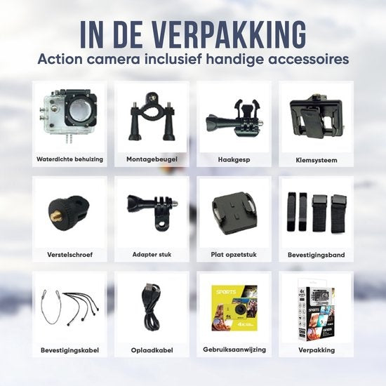 Strex Action Kamera 4K 16MP - 60FPS / 30M Wasserdicht / WiFi - Inklusive Zubehör - Action Kamera - Unterwasserkamera