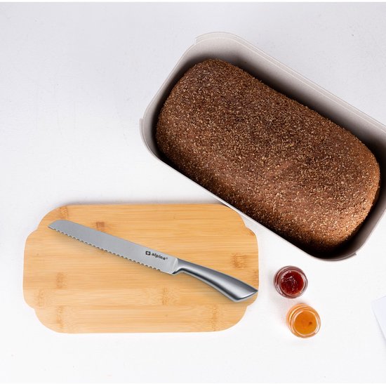 alpina Brotaufbewahrungsbox 33 x 18,5 x 12 cm – Brotkasten mit Bambusdeckel – Deckel auch als Schneidebrett verwendbar – Kompaktes Format – Zur Aufbewahrung von Brot – Küchenzubehör