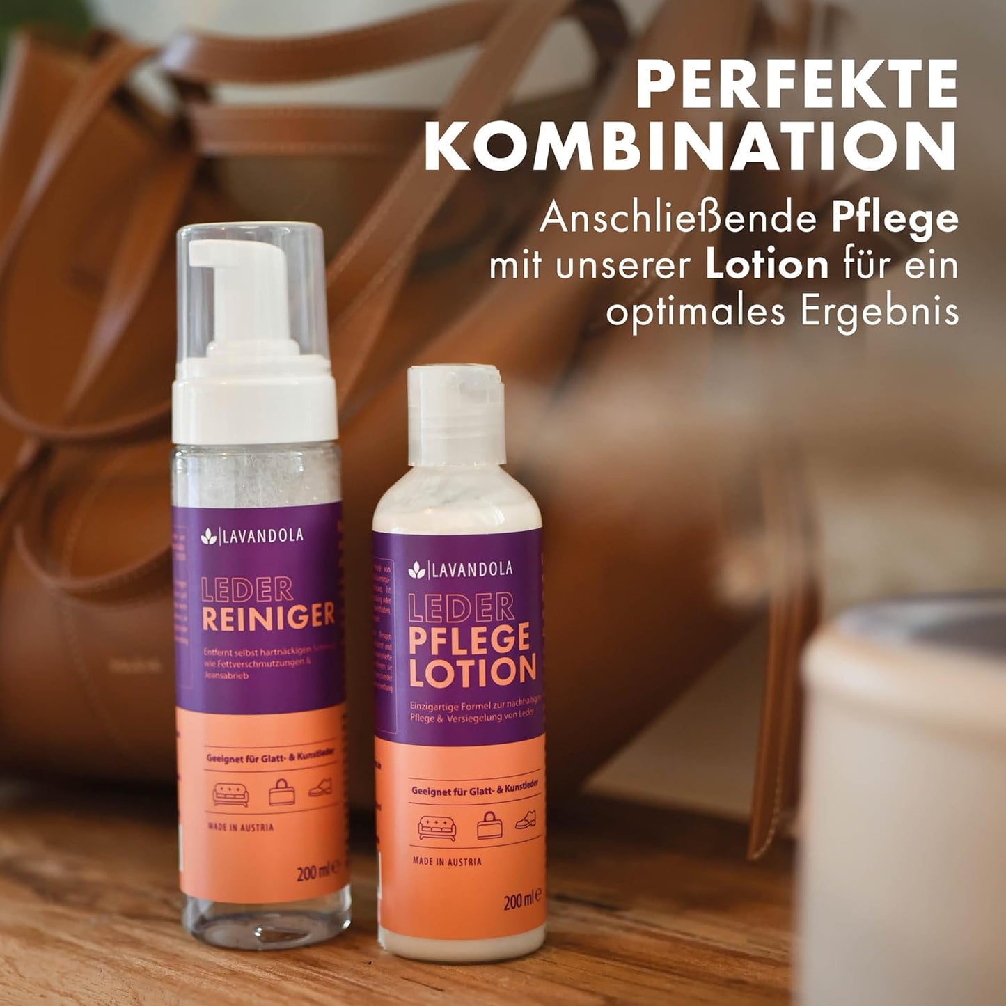 Lavandola Lederreiniger 200 ml – sanfter und wirksamer Reinigungsschaum – für Glatt- und Kunstleder – gegen hartnäckigen Schmutz – geeignet für Sofas und Ledersessel