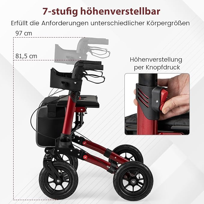 Coast Faltbarer Rollator Rot - Leichter 2-in-1-Reiserollator mit Sitz und Luftbereifung - 62 x 82 x 81,5-97 cm