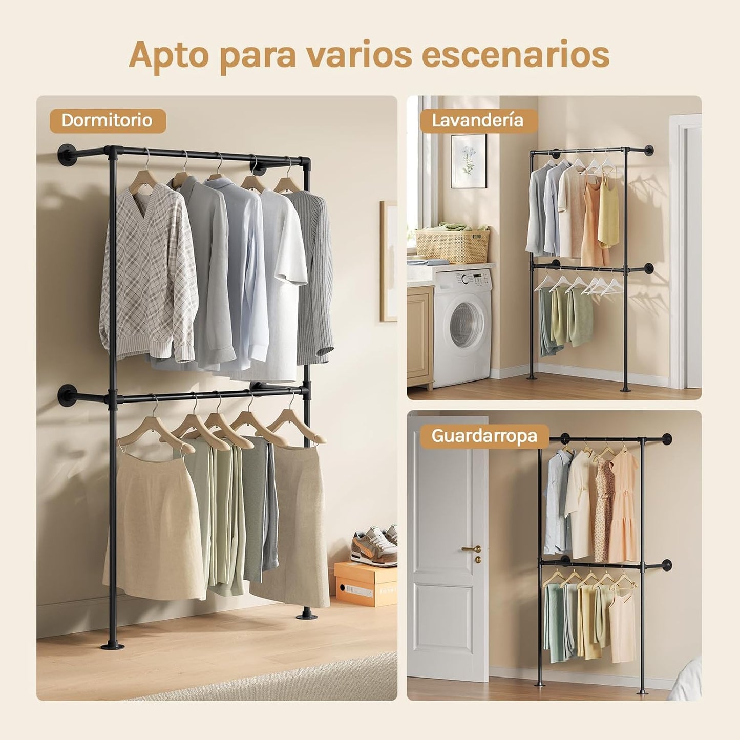 Woltu Industrial Wall Clothes Rack mit 2 Hängeschienen - Offener Kleiderschrank aus Metall - Schwarz - 102,5 x 36,5 x 187 cm