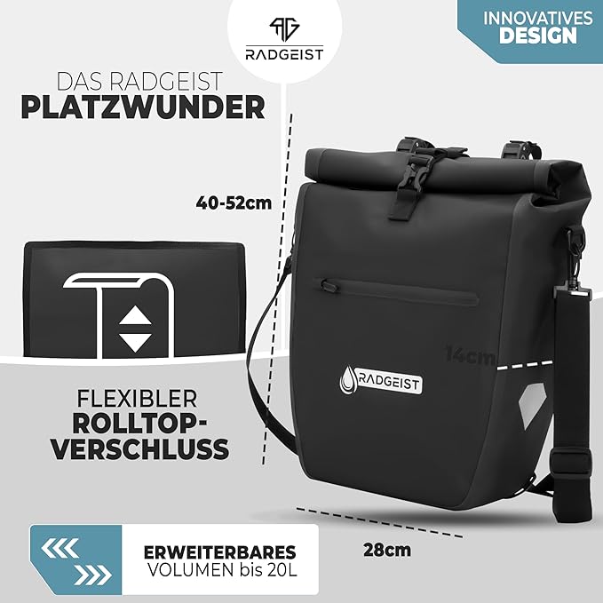 RADGEIST Fahrradtasche - für Fahrradträger - Wasserdicht - mit Reflektoren - Schwarz