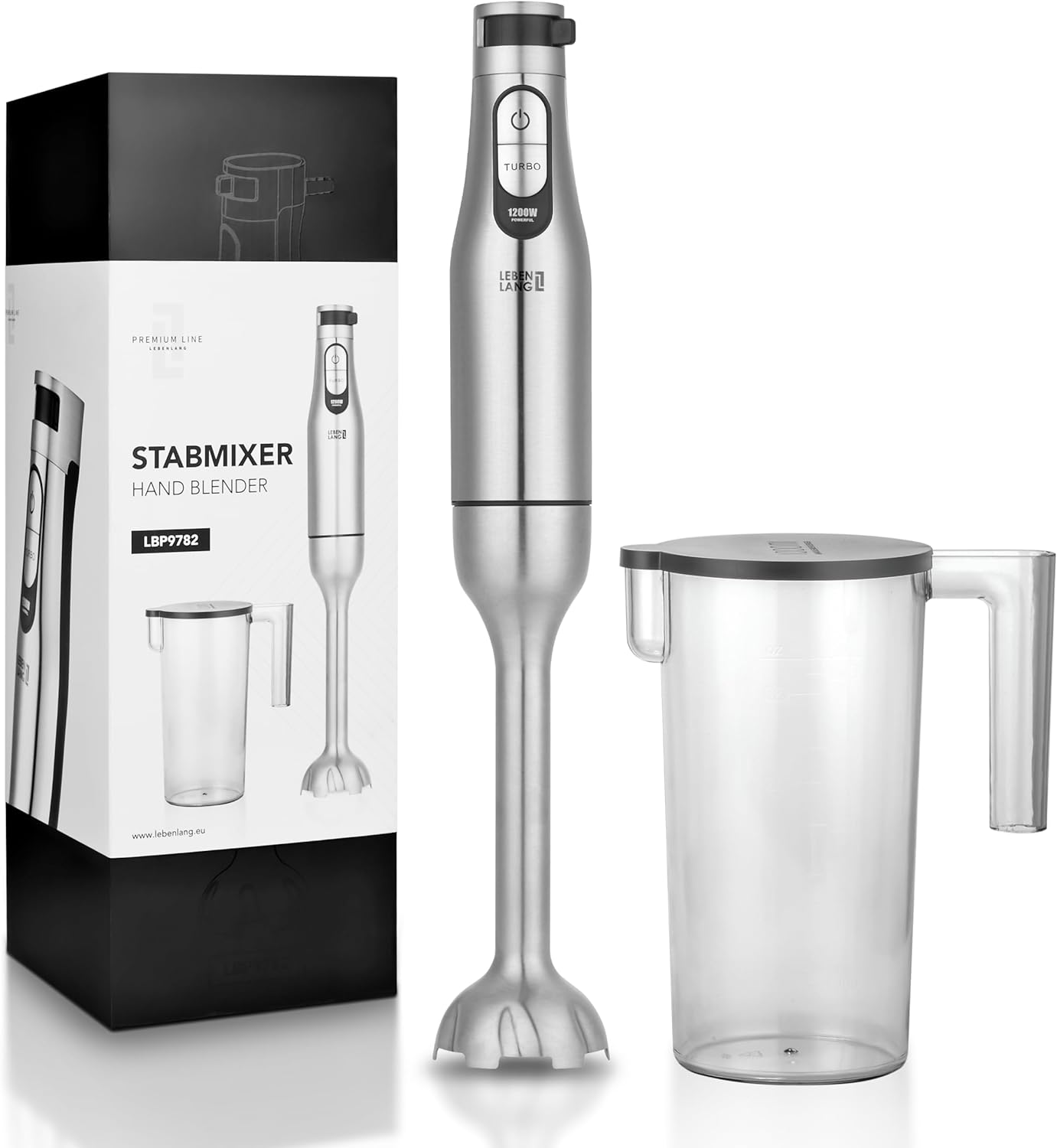 LEBENLANG - Premium Stabmixer 1200W - Edelstahl - Inkl. 1000ml Messbecher, Spritzschutz & Turbofunktion - Stufenlos einstellbar - BPA-frei