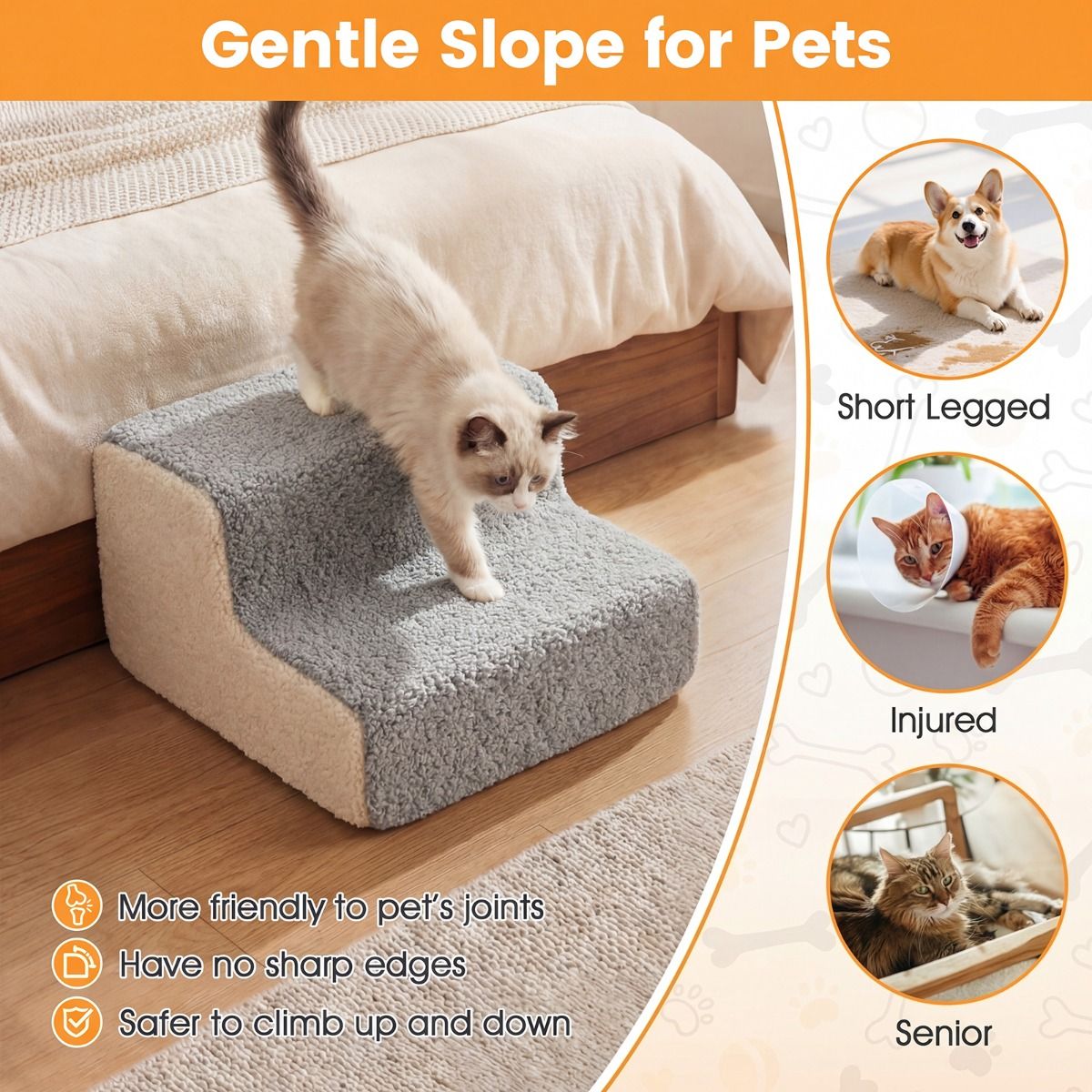 Coast Hundetreppe mit 2 Stufen – flexible Haustiertreppe – rutschfest und mit abnehmbarem Bezug – grau und weiß
