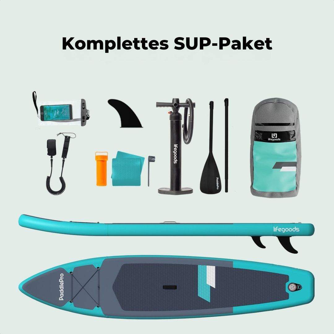 LifeGoods SUP Board Touring - 165 KG Belastbarkeit - Aufblasbar - Komplettes Sup Paket - Türkis