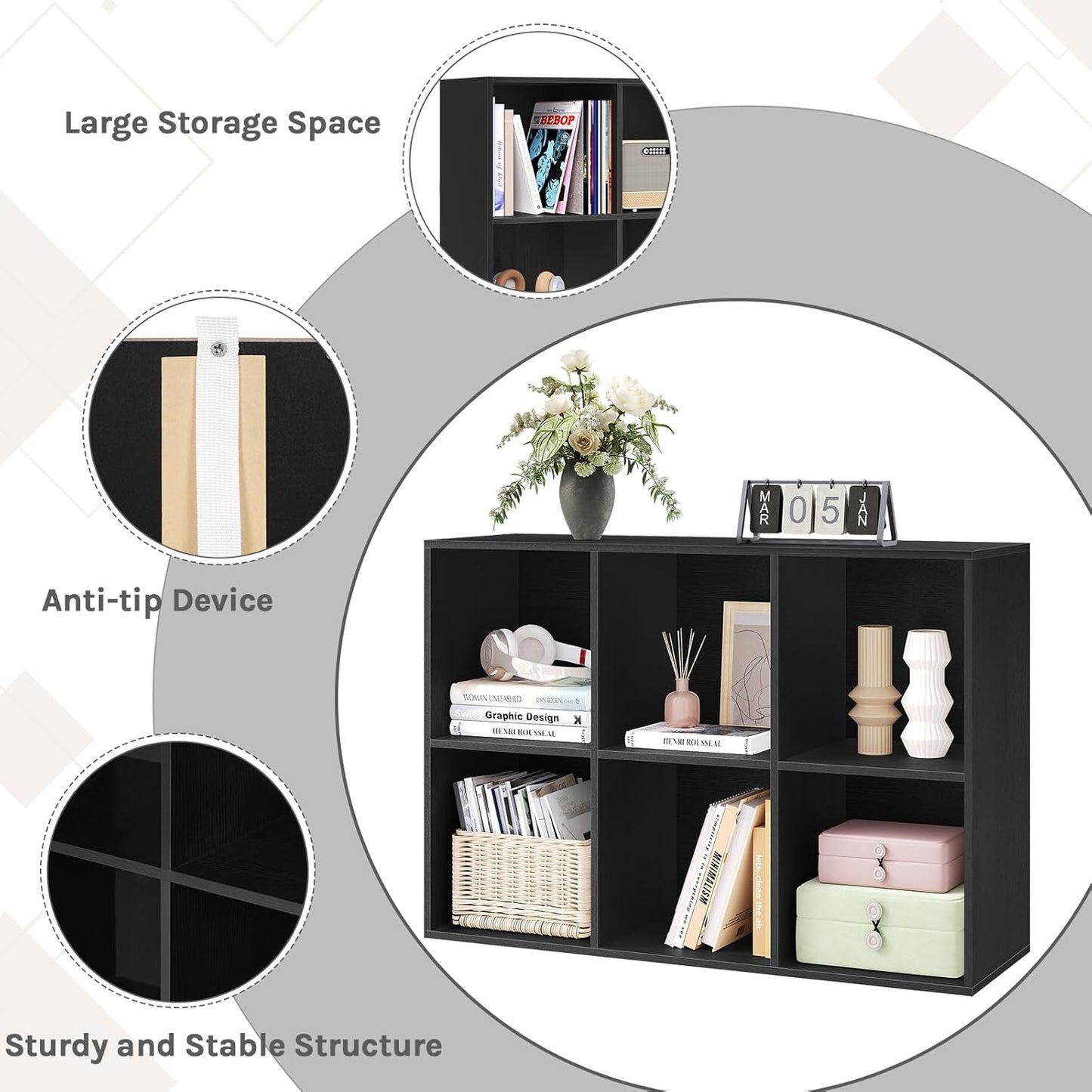 Woltu 6-Fächer-Bücherregal – Kubus-Aufbewahrungsschrank – Schwarz – 59,6 x 29 x 89 cm