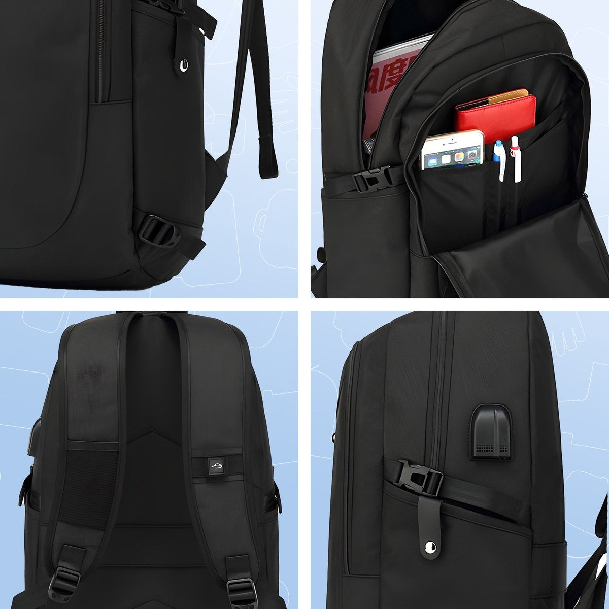 Anti-Diebstahl-Rucksack - Wasserdicht - Inklusive USB-Ladestation - 14 bis 15,6 Zoll - Schwarz