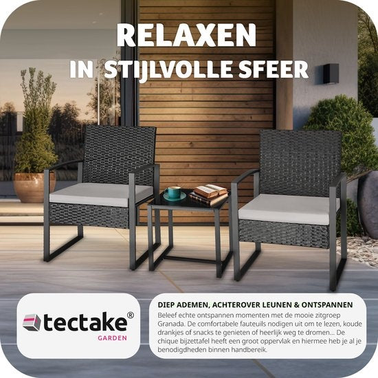 tectake - Geflechtsitzgruppe 2x Sessel mit Tisch, Balkonmöbelset, Gartenmöbel, Balkonmöbel, kleine Lounge, gepolsterte Stühle inklusive Gartentisch, wetterfest - schwarz - Poly-Rattan
