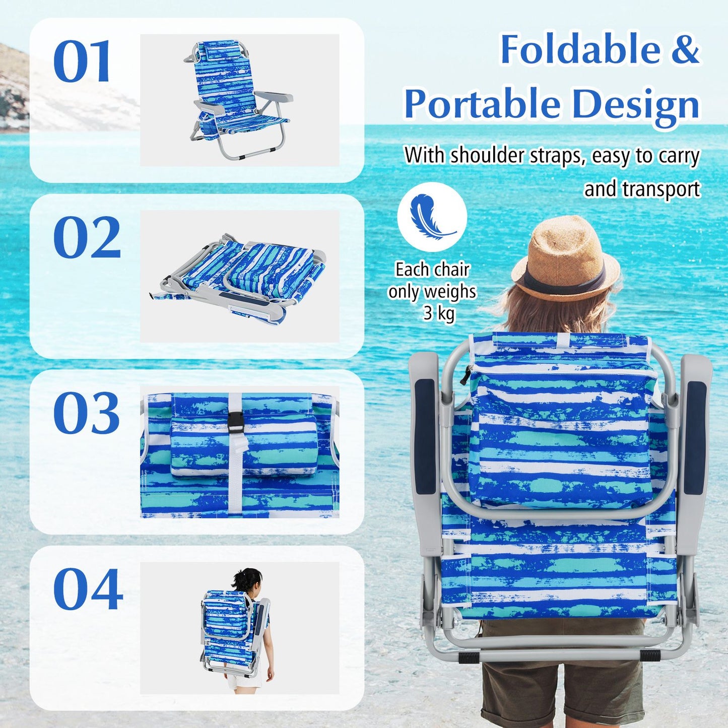 Coast Faltbarer Strandkorb - mit Getränkehalter und Armlehnen - 66 x 65 x 78 cm - Blau
