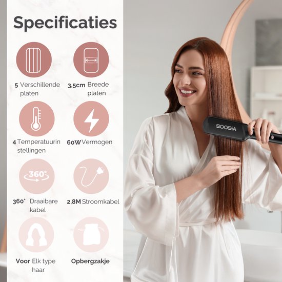 Soosia 5-in-1 Switch Styler - Glätteisen, Waffeleisen, Welleneisen & Lockenstab - 3,5cm Keramikplatten - Roségold