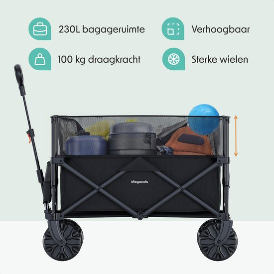 LifeGoods Wagon - Faltbarer Wagen - 100KG - 230L - Erhöht - Mit Schutzhülle - Schwarz