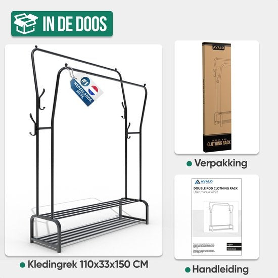 Avalo Industrial Clothes Rack Double Rod - Metall - 110x33x150 CM - Schwarz - Lagerung für Schuhe - Garderobe Rack mit Haken