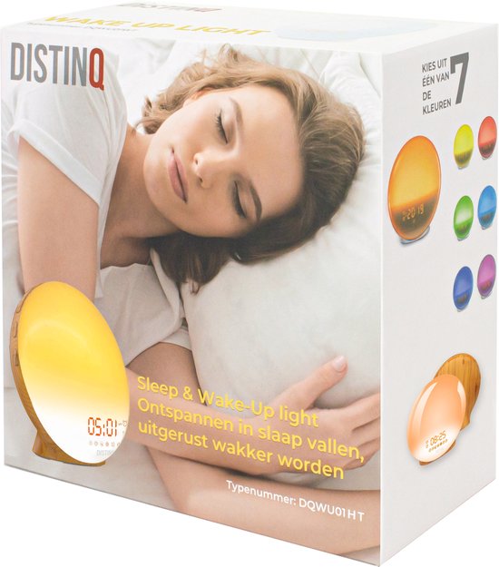 DistinQ Wake-Up Light - Radiowecker mit zweifacher Weckzeit - Einschlafhilfe mit USB-Anschluss - Holzfarbe
