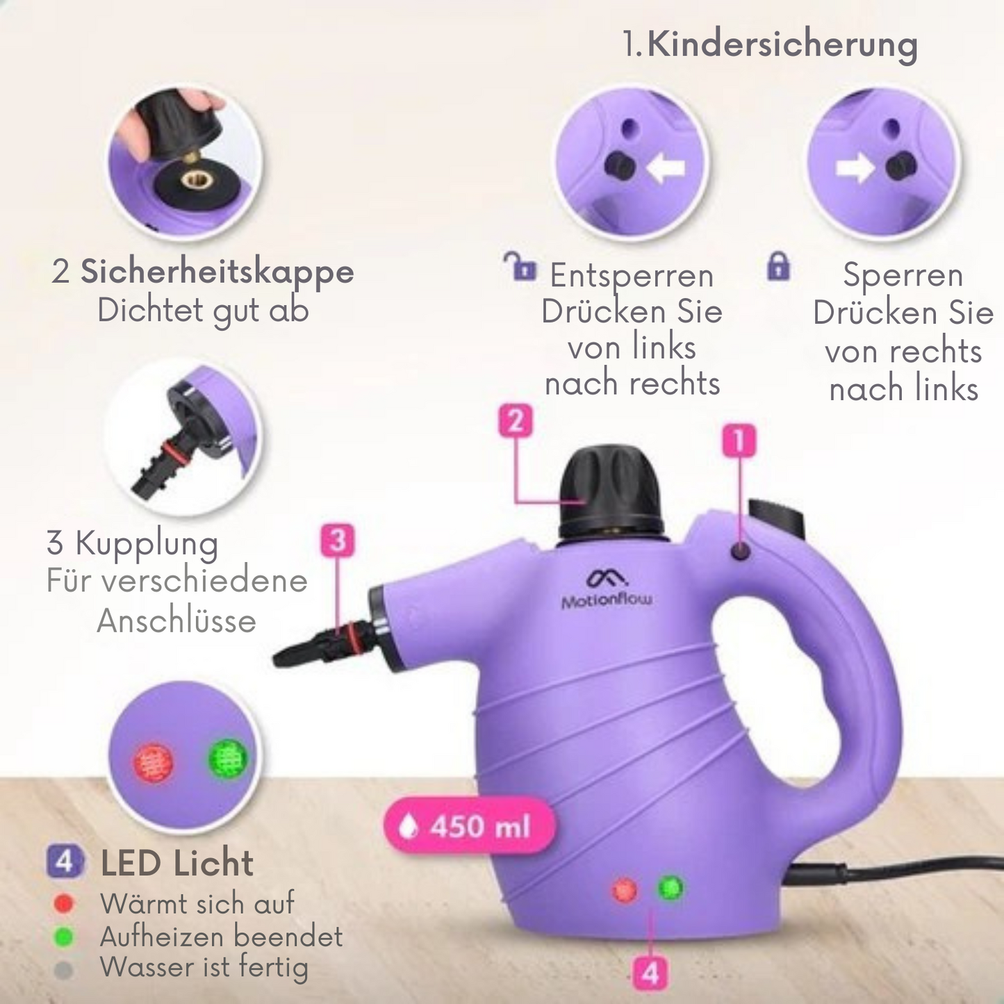 Motionflow - Dampfreiniger Pro - 1150 Watt - 12-in-1 - 450ML - 12-teiliges Zubehörset - Lila