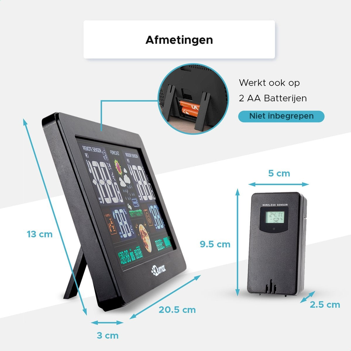 Qumax Drahtlose Wetterstation für Drinnen und Draußen mit Außensensor bis 60 m Reichweite Wasserdicht Schwarz
