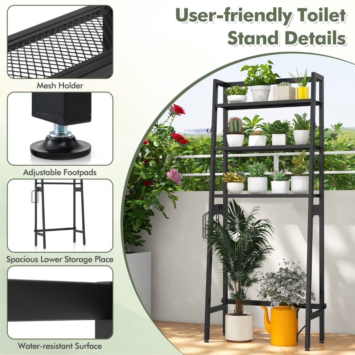 Coast Über-Toilettenständer Freistehend 3 Ebenen - 28 x 65 x 159 cm - Schwarz