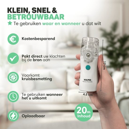 Vulpes Goods® HealthCare - Aerosolgerät - Ultraschallvernebler Inhalator - Vernebler - Inhalator für Kinder, Erwachsene und Babys - Wiederaufladbar - 2 Modi - Hilft gegen Atemwegserkrankungen - Inkl. 4 Düsen & Deluxe Reiseetui