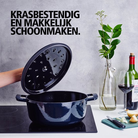 Brabantia The Dutch Oven XL Schmortopf 28cm - Hochwertiges Gusseisen - 100% PFAS frei - Doppelte Antihaftbeschichtung - RETRO - Induktion geeignet - Nachtblau
