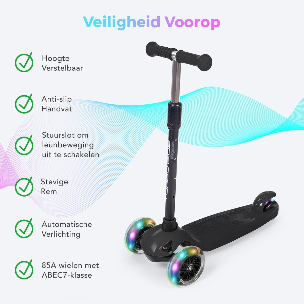 LifeGoods TurboRide Kids' Scooter - Stufe 5-8 Jahre - 3 leuchtende Räder - Jungen/Mädchen - Schwarz