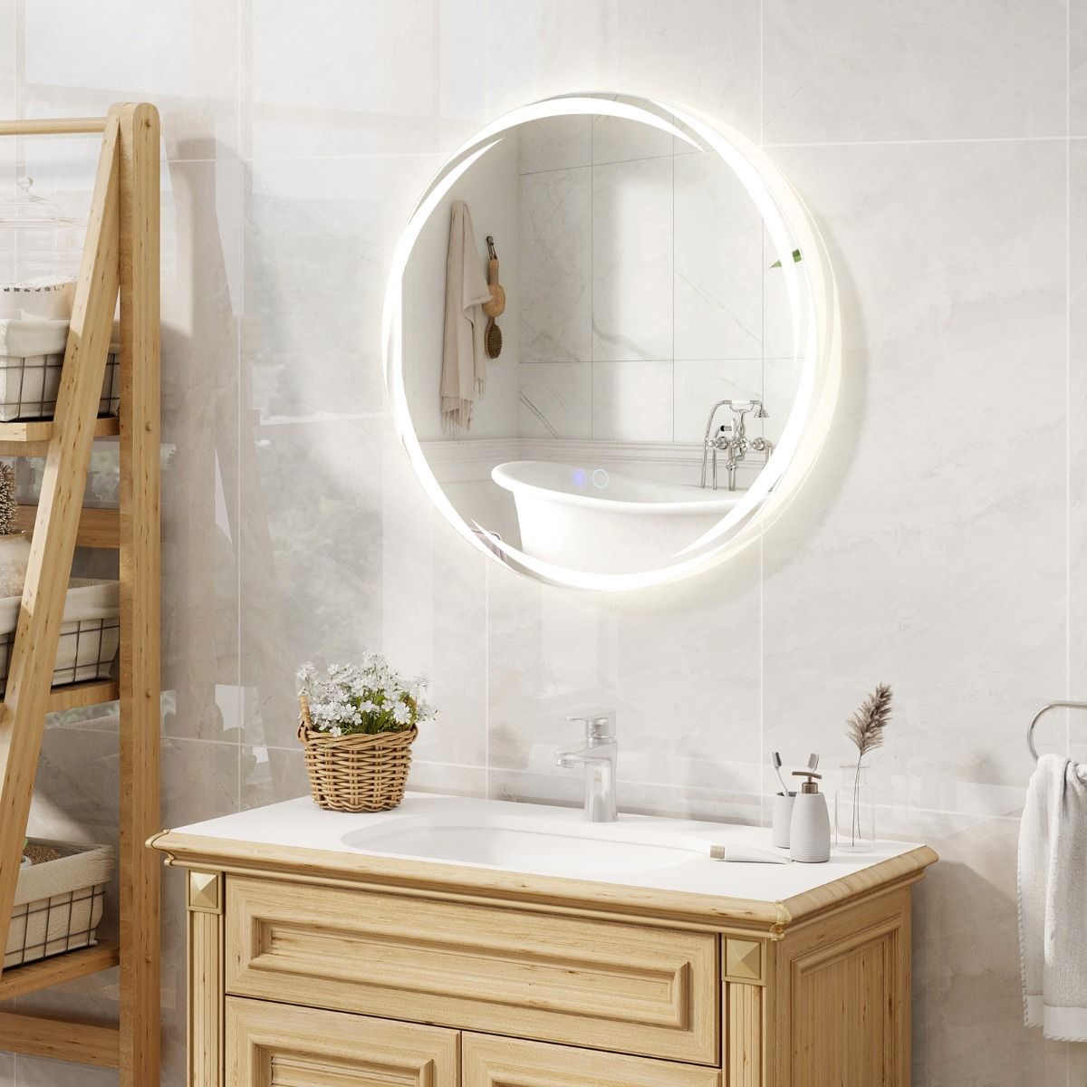 Coast 60x60 cm LED-Badezimmerspiegel Rund Silber mit dimmbarer 3-Farben-Beleuchtung, Anti-Beschlag und Memory-Funktion