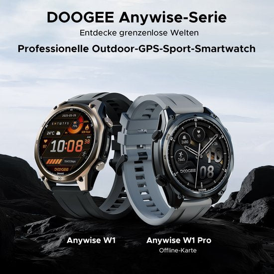 DOOGEE Anywise W1 Pro – Militär-Smartwatch – KI-Sprachsteuerung – 5 ATM – Dual-Band-GPS – Offline-Karten – 170 Sportmodi – 1,43 Zoll AMOLED – Fitness-Tracker – Anrufe tätigen und empfangen – 18 Tage besonders lange Akkulaufzeit – Taschenlampe – Kompatibel