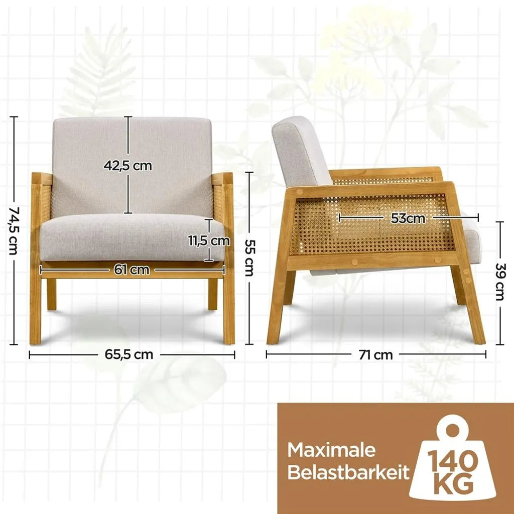 Yaheetech Sessel 65,5 x 71 x 74,5 cm – Beige – Gepolsterter Lounge-Sessel mit Rattan-Armlehnen