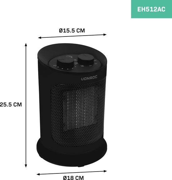 VONROC Elektroheizung - Heizlüfter - 1200W/1800W - Keramik - 3 Einstellungen - Thermostat - Schwenkfunktion - 20m2