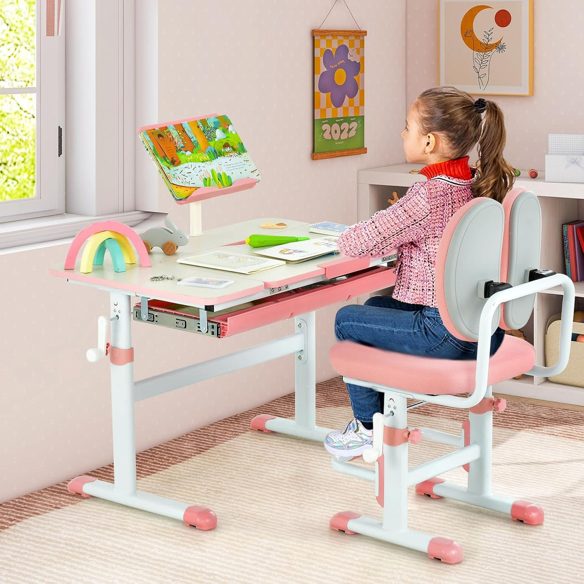 Coast Kinderschreibtisch mit Stuhl - Höhenverstellbar - Max. 110 kg - 80 x 52 x 73 cm - Rosa