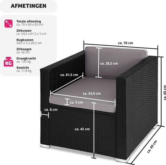tectake - bequemer Geflechtsessel mit Armlehnen, Gartenmöbel für Balkon, Garten, Lounge, 70 x 69 x 65 cm, wasserabweisende und abwaschbare Bezüge, inkl. Sitz- und Rückenkissen - schwarz - Poly-Rattan