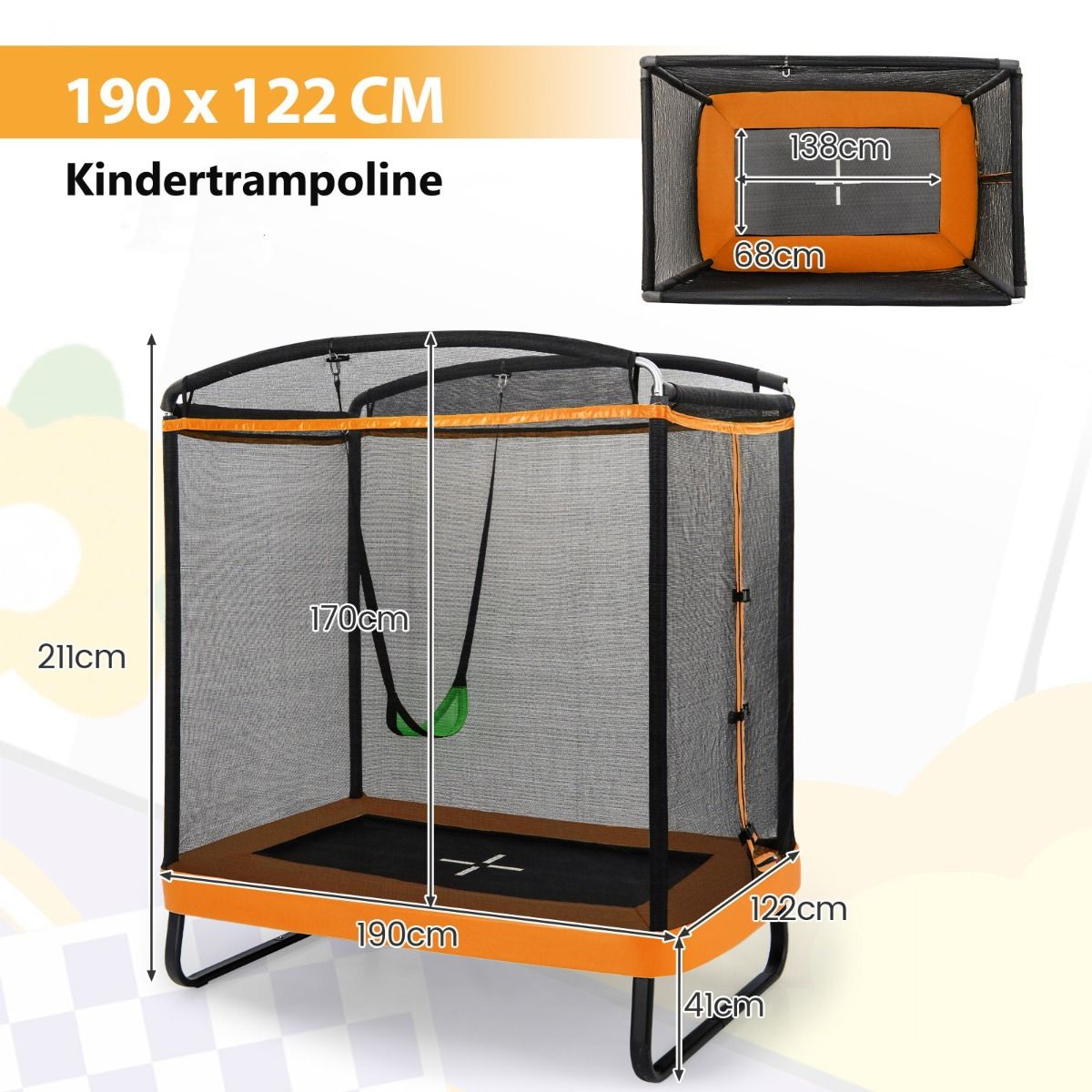 Coast 2-in-1 Kindertrampolin mit Schaukel und Sicherheitsnetz - Schwarz/Orange - 190x122 cm