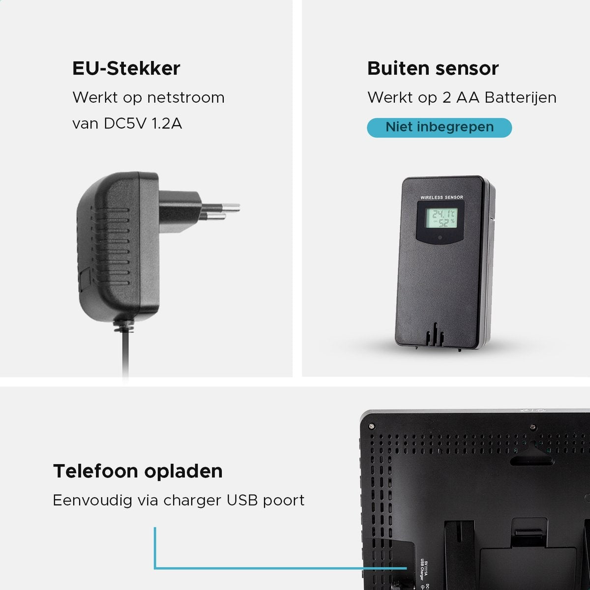 Qumax Drahtlose Wetterstation für Drinnen und Draußen mit Außensensor bis 60 m Reichweite Wasserdicht Schwarz