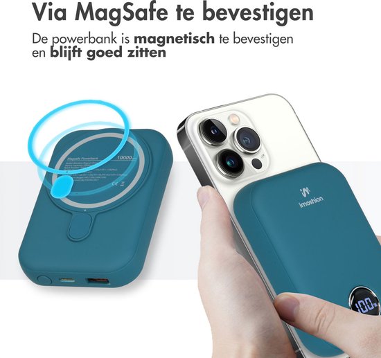 imoshion Powerbank 10000 mAh - Geeignet für MagSafe - Schnellladegerät 22,5W - LED-Anzeige - USB C & USB A - Wireless Powerbank Geeignet für iPhone 12/13/14/15/16 - Dunkelblau
