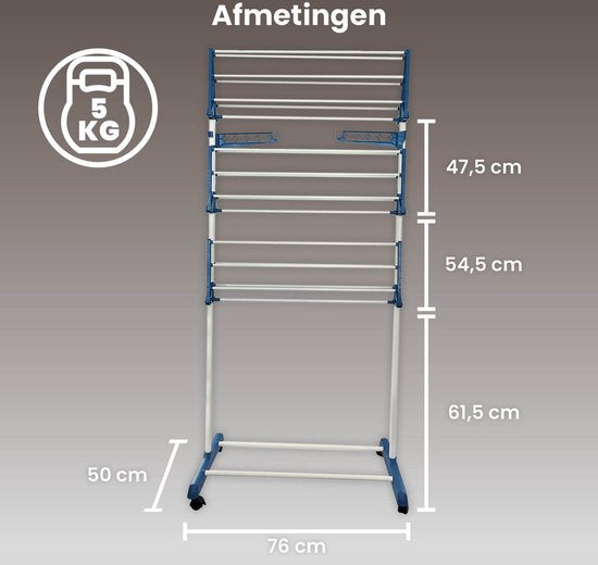 Shine Zusammenklappbarer Wäscheständer mit 3 Etagen und Rädern - Trockenturm - Wäscheständer mit 18 Stangen und 2 Haken - Edelstahl - Verstärktes ABS - 15 Meter Wäscheleine