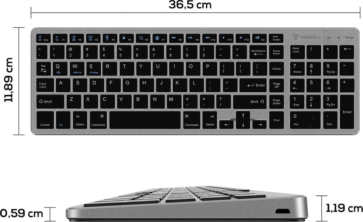 Trendfield Wireless Keyboard - Bluetooth Tastatur - Leise Tasten - Wiederaufladbar - Qwerty - Space Grau