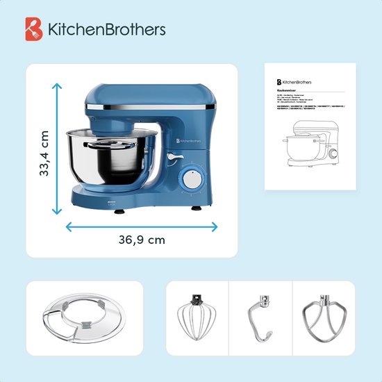 KitchenBrothers Küchenmaschine - Küchenroboter - 6.2L - Mixer mit Rührschüssel - Küchenmixer - 2000W - Pastellblau