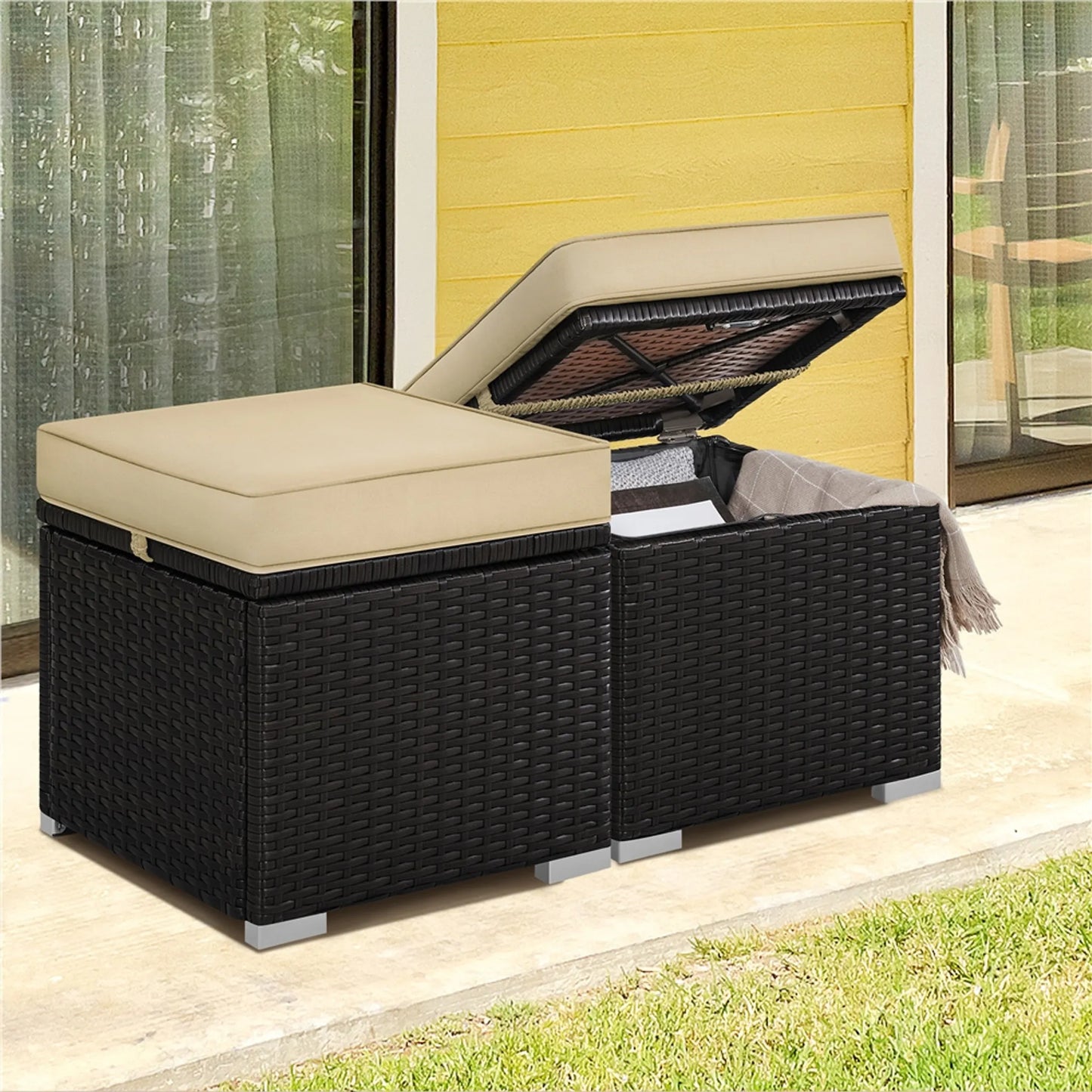 Yaheetech Hocker mit Lagerung 2 Stück - Features versteckten Fach und wasserabweisende Rattan Wicker und pulverbeschichtetem Metallrahmen - für Garten Balkon und Wohnzimmer - Brown Khaki Polyethylen und Metall - 40 x 40 x 42,5 cm