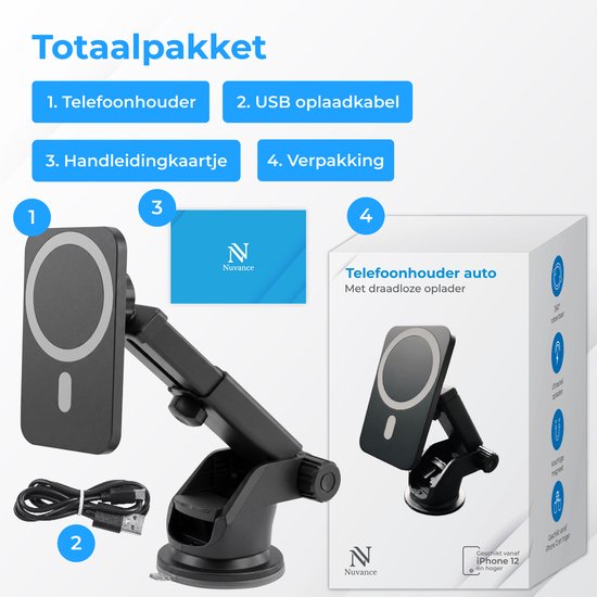 Nuvance Handyhalter für das Auto – Handyhalter mit Saugnapf – Kompatibel mit MagSafe – Inkl. USB-C-Kabel – Kabelloses Ladegerät – Handyhalter für das Auto