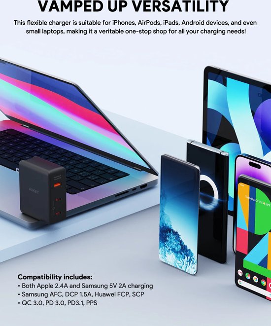 Aukey Omnia II Mix - Reisestecker mit EU-, US- und UK-Stecker - GaN-Ladegerät: Schneller und kompakter - 2x USB-C, 1x USB-A - 140W - Schwarz